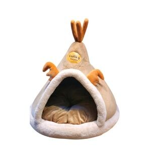 NWOT Lucky Toyou Plush Reindeer Teepee Pet Cave Bed Tan Cream Small Dog Cat